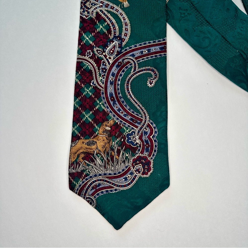 Vintage M.H. Frank LTD Duck Hunting Hound Classic Silk Tie, Green